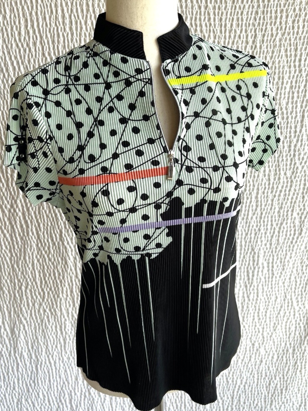 Jamie Sadock Shirt Top Pullover Short Sleeve Ribbed Zip S Black Mint Green Abstr